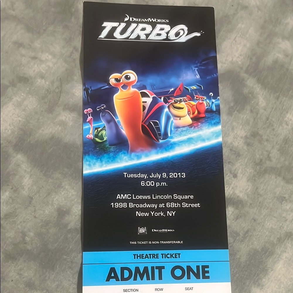 Turbo NY Movie premiere ticket Dream Works 2013 vintage retro